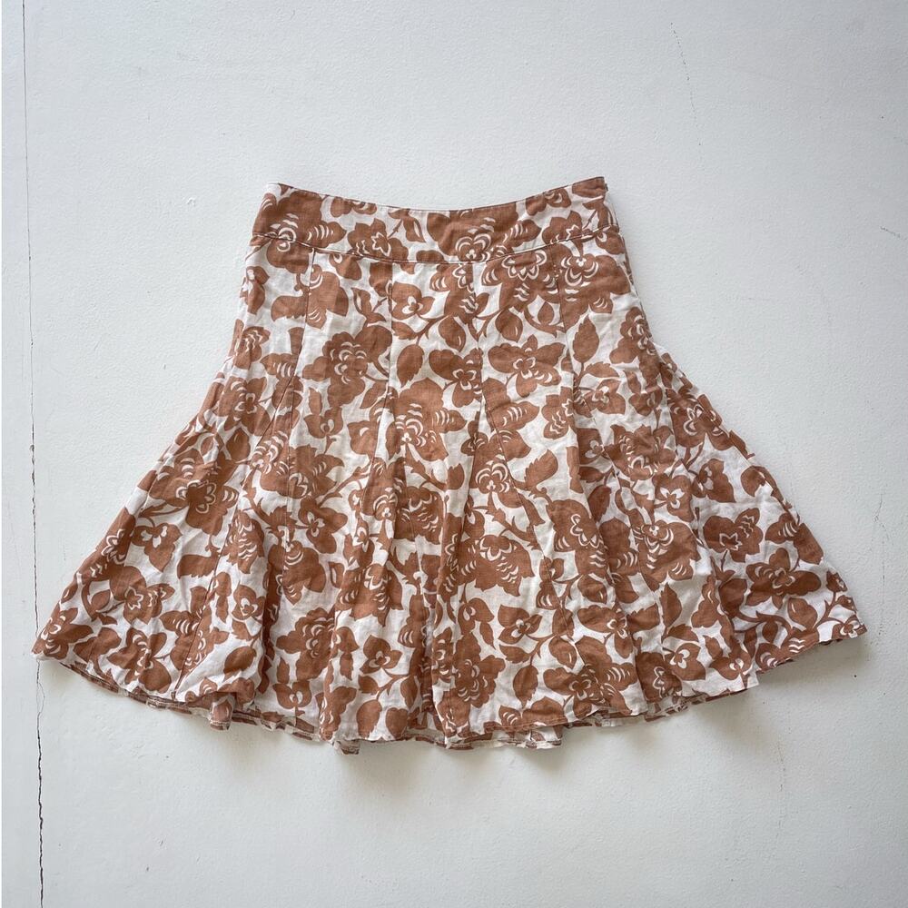 BODEN Brown Floral Linen High Rise Pleated Midi Skirt / Sz 10R Boho Twee Casual